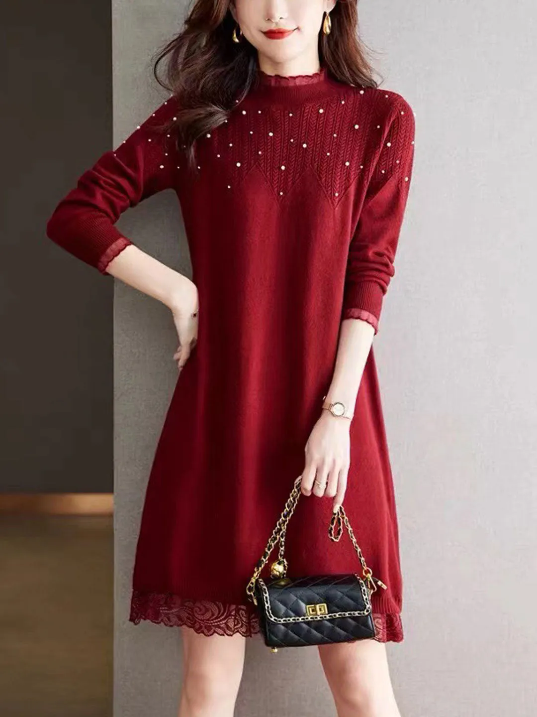 Mariah Elegant Crew Neck Beaded Knitted Dress