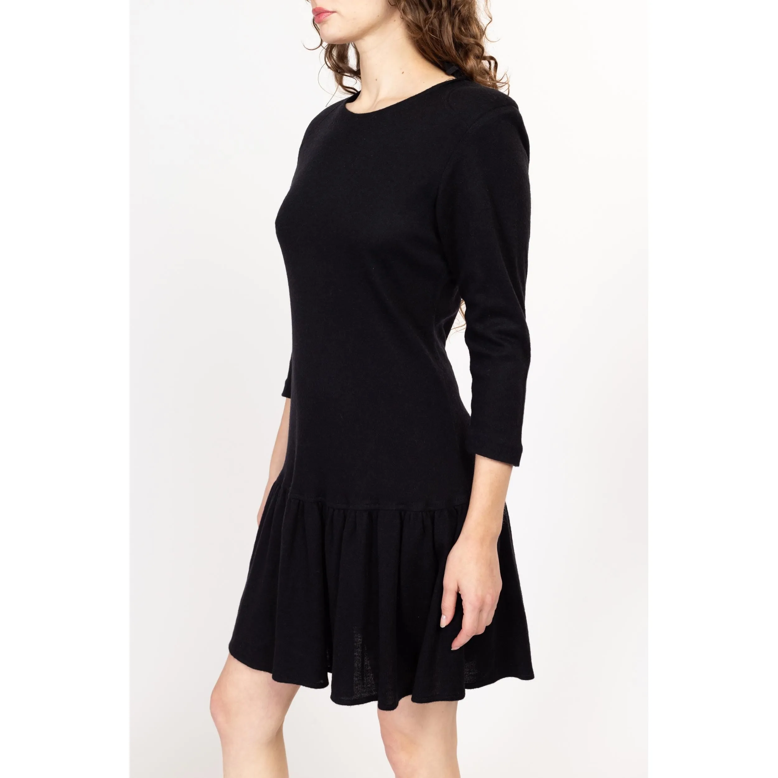 Medium 80s Black Knit Drop Waist Mini Dress