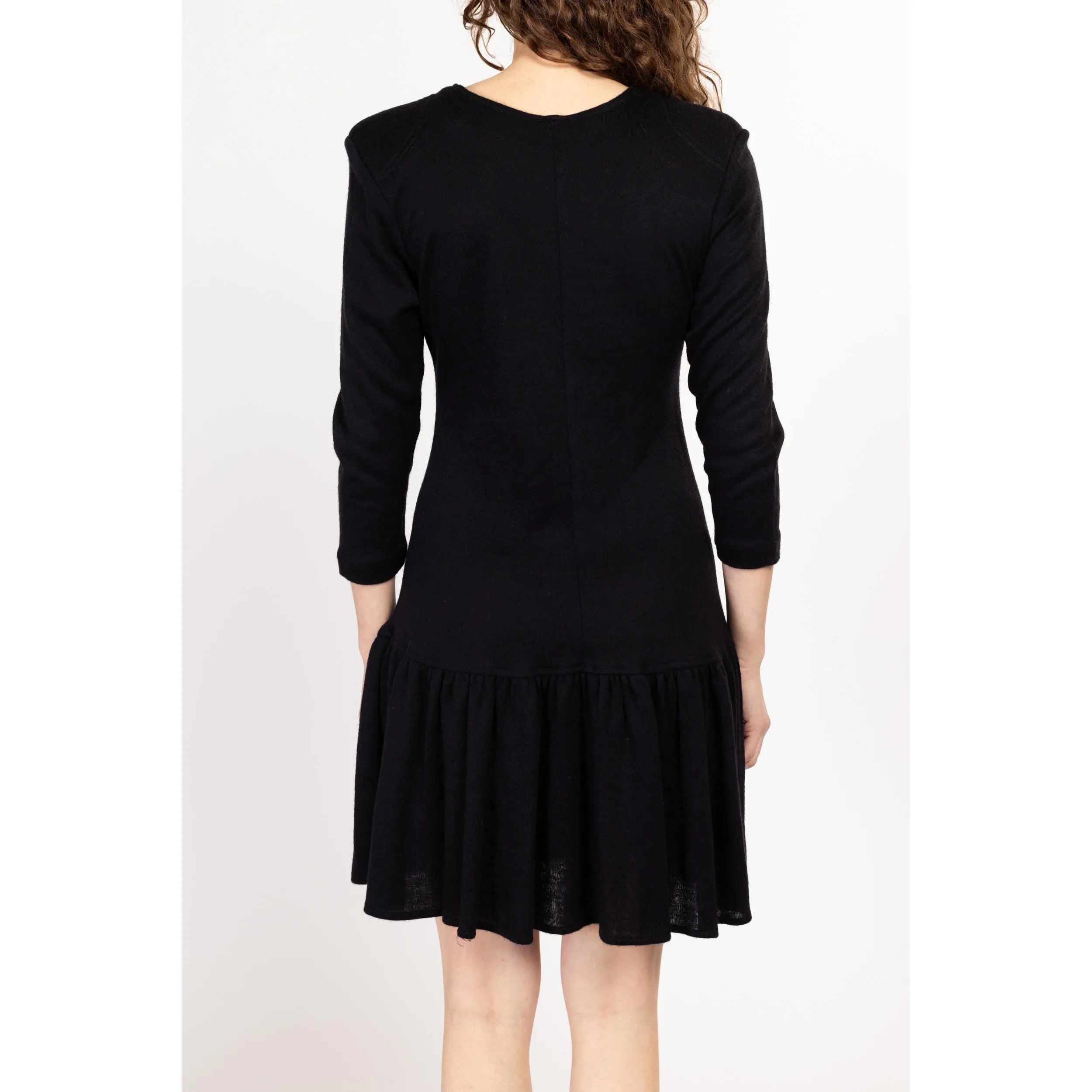 Medium 80s Black Knit Drop Waist Mini Dress