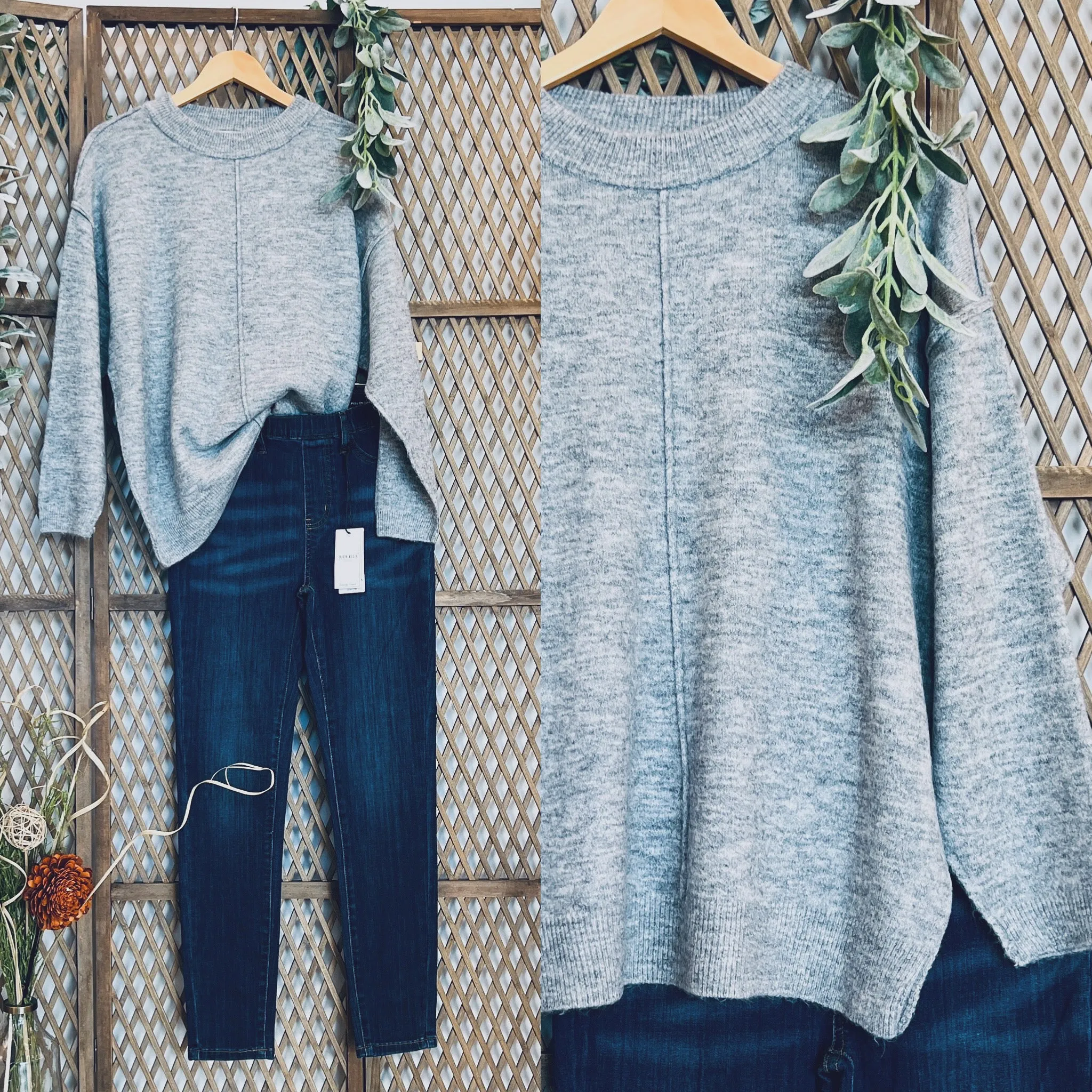 Melange Front Seam Round Neck Sweater: Grey