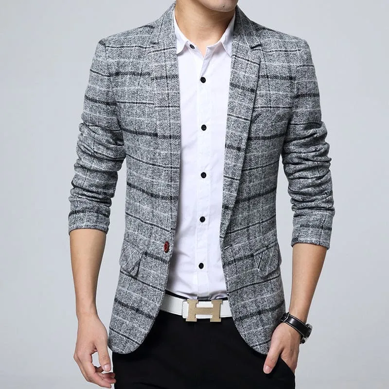 Men Lapel Collar Plaid Print One Button Tweed Blazer