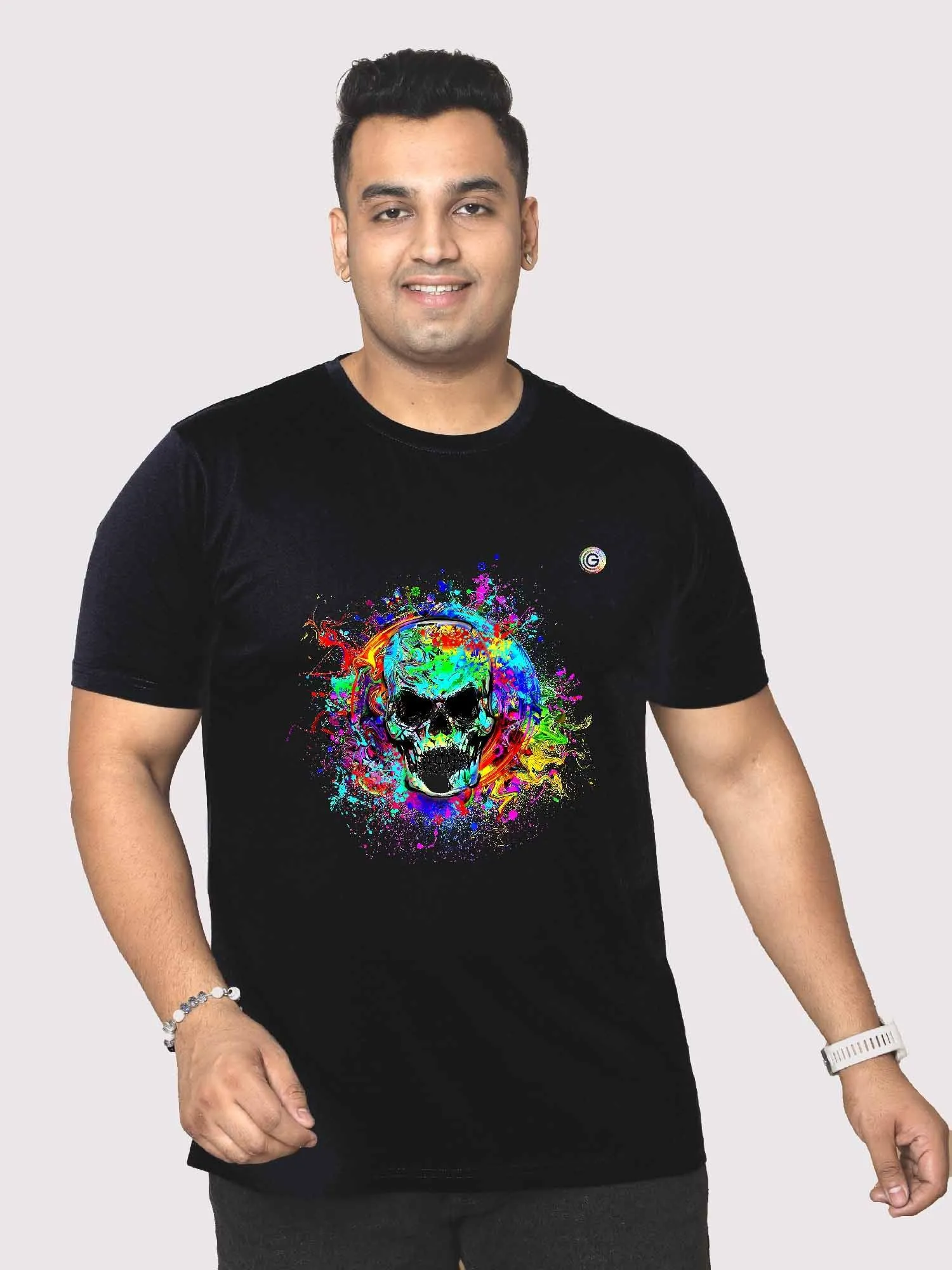 Men Plus Size Black Colorful Skull Printed Round Neck T-Shirt