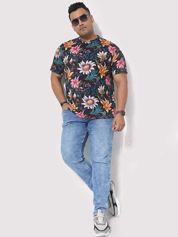 Men Plus Size Blue Floral Digital Printed Round Neck T-Shirt