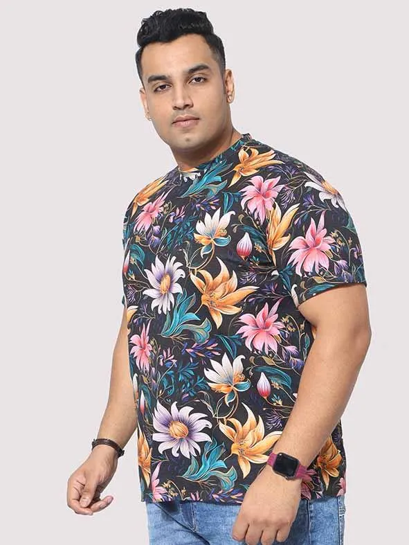 Men Plus Size Blue Floral Digital Printed Round Neck T-Shirt