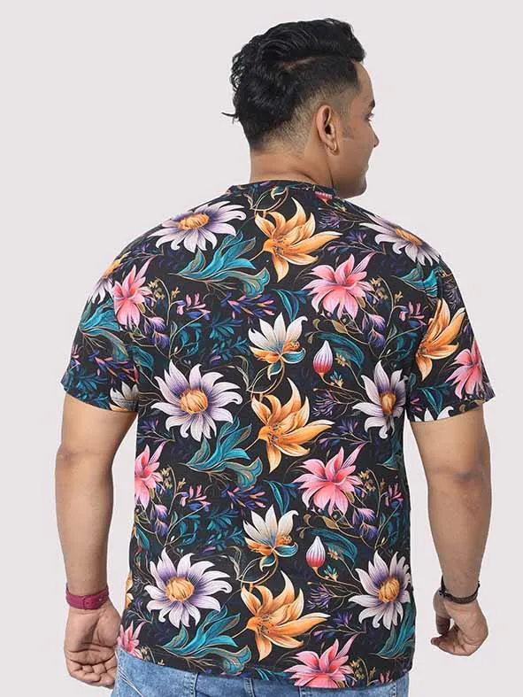 Men Plus Size Blue Floral Digital Printed Round Neck T-Shirt