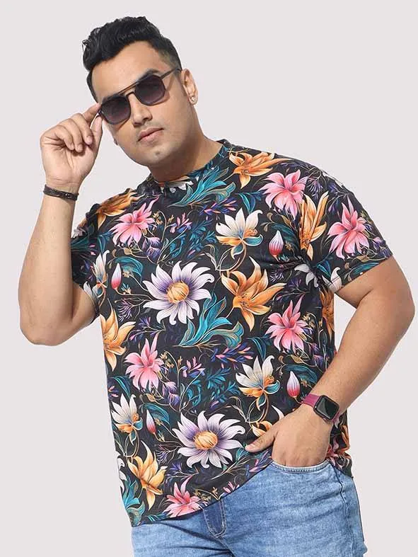 Men Plus Size Blue Floral Digital Printed Round Neck T-Shirt