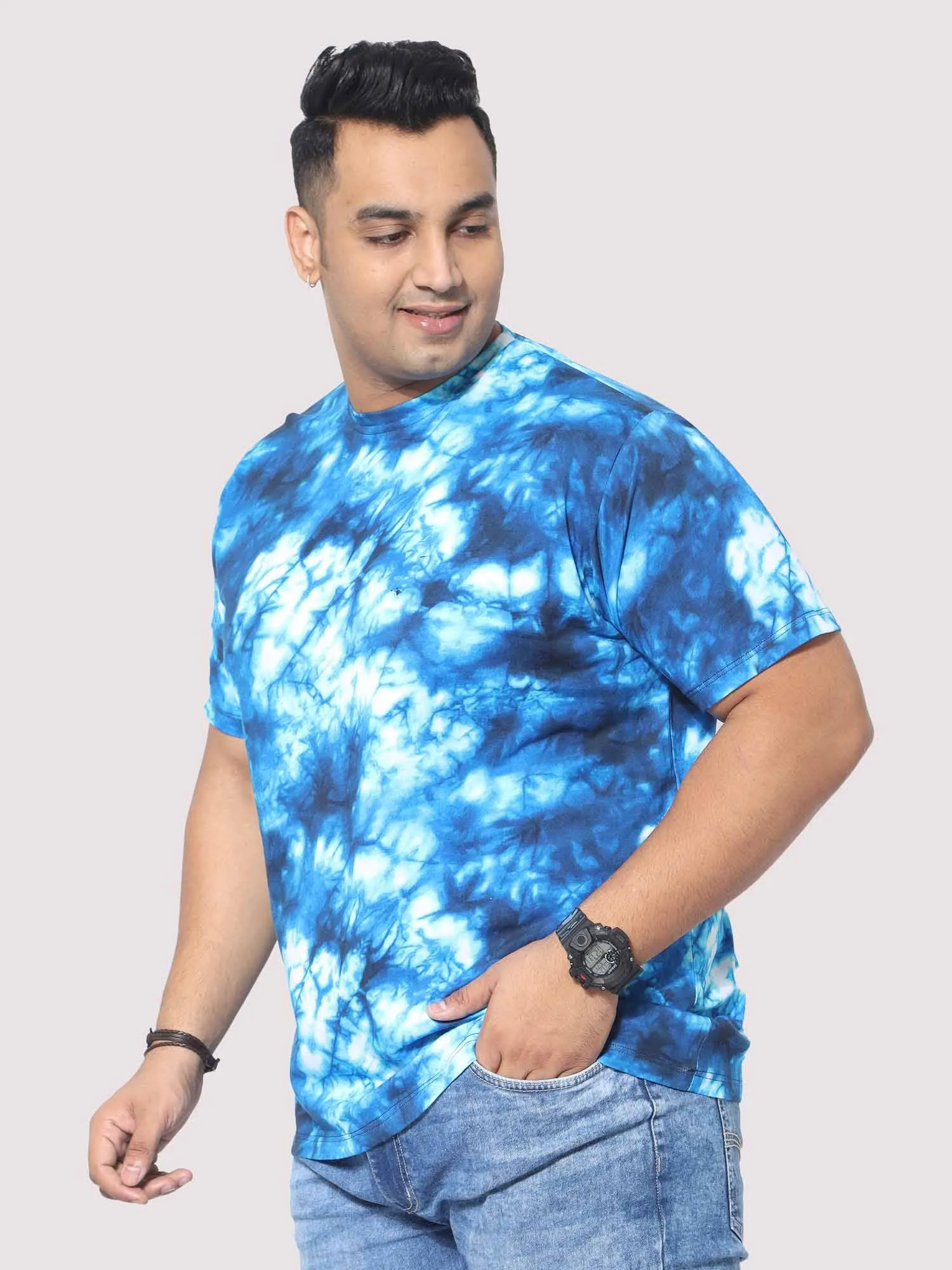 Men Plus Size Blue Tie Dye Texture Digital Printed Round Neck T-Shirt