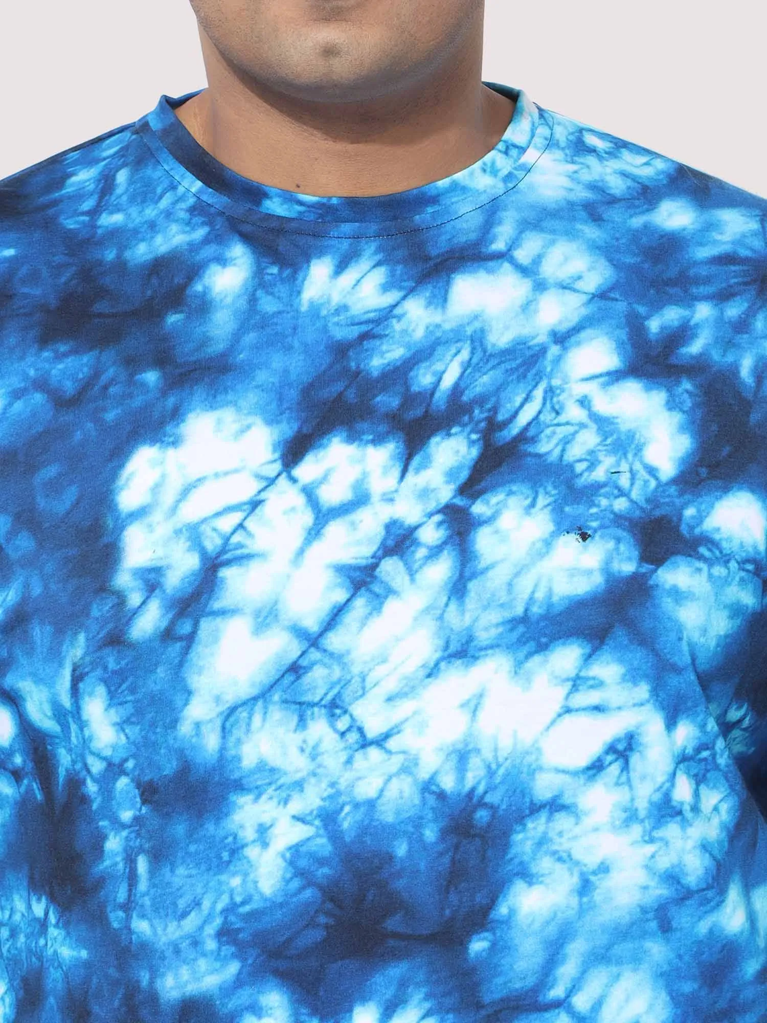 Men Plus Size Blue Tie Dye Texture Digital Printed Round Neck T-Shirt