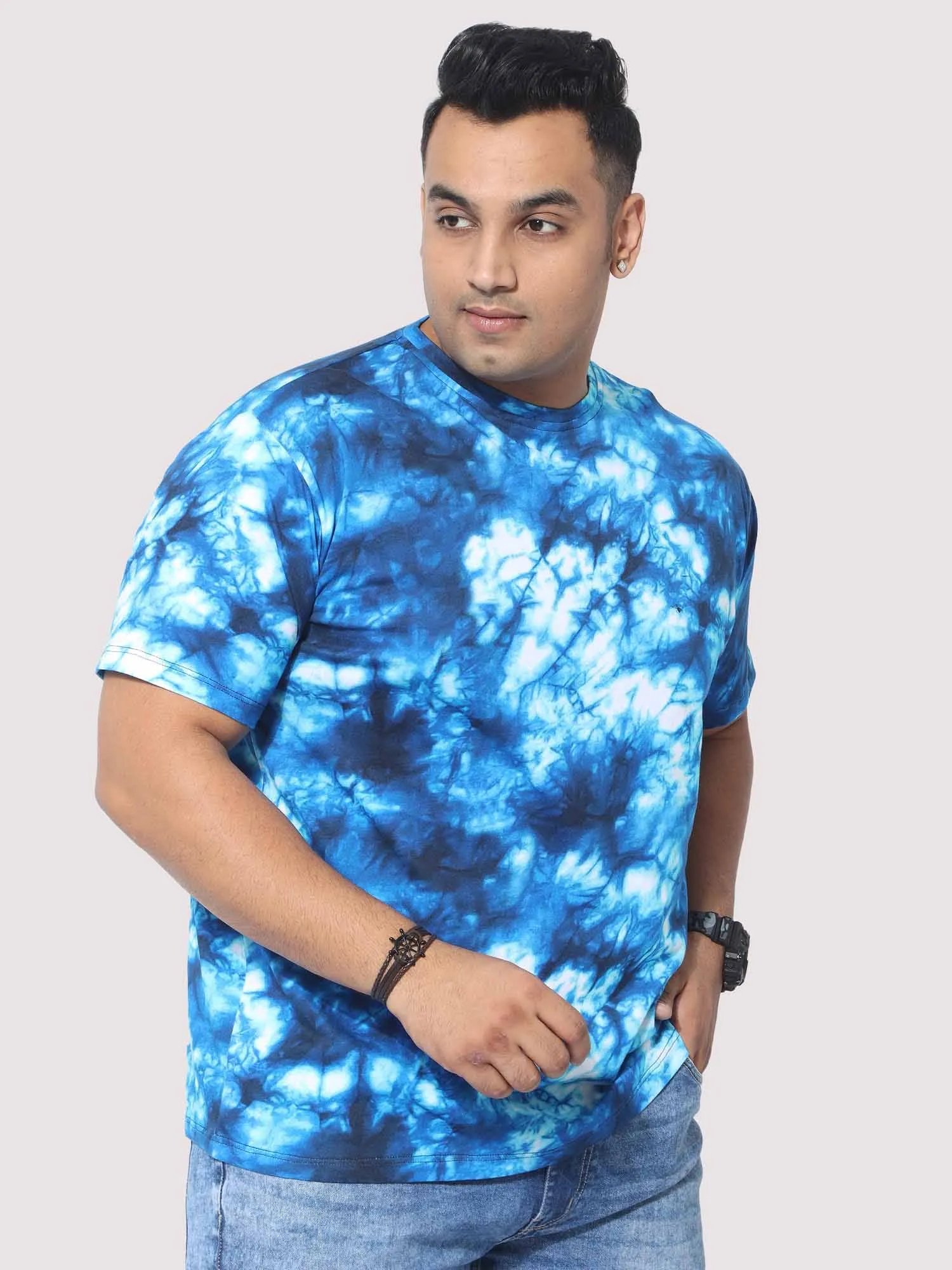 Men Plus Size Blue Tie Dye Texture Digital Printed Round Neck T-Shirt