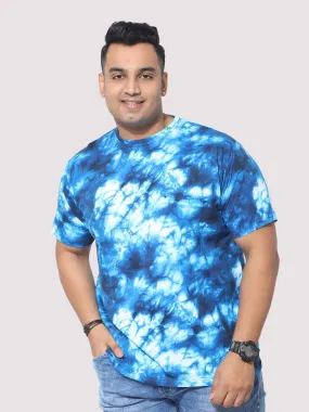 Men Plus Size Blue Tie Dye Texture Digital Printed Round Neck T-Shirt