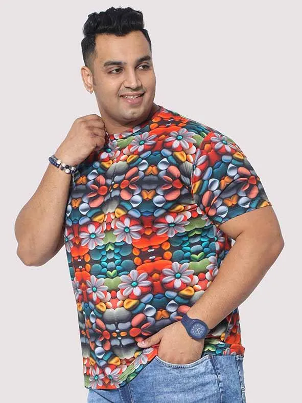 Men Plus Size Flower Mirror Digital Printed Round Neck T-Shirt