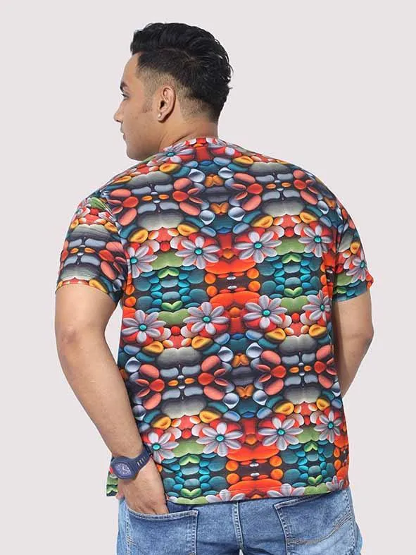 Men Plus Size Flower Mirror Digital Printed Round Neck T-Shirt