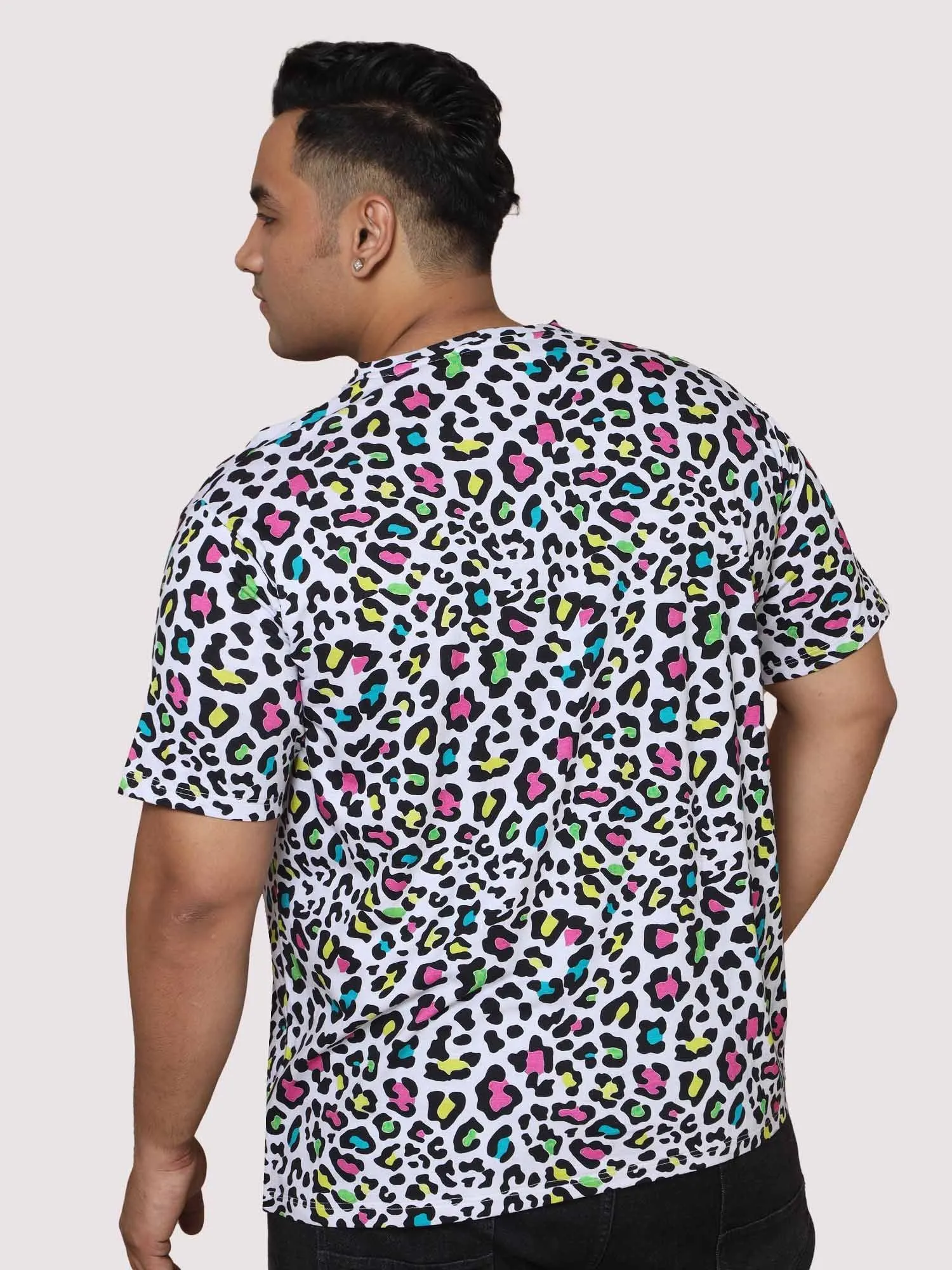 Men Plus Size Leopard Skin Pattern Digital Printed Round Neck T-Shirt