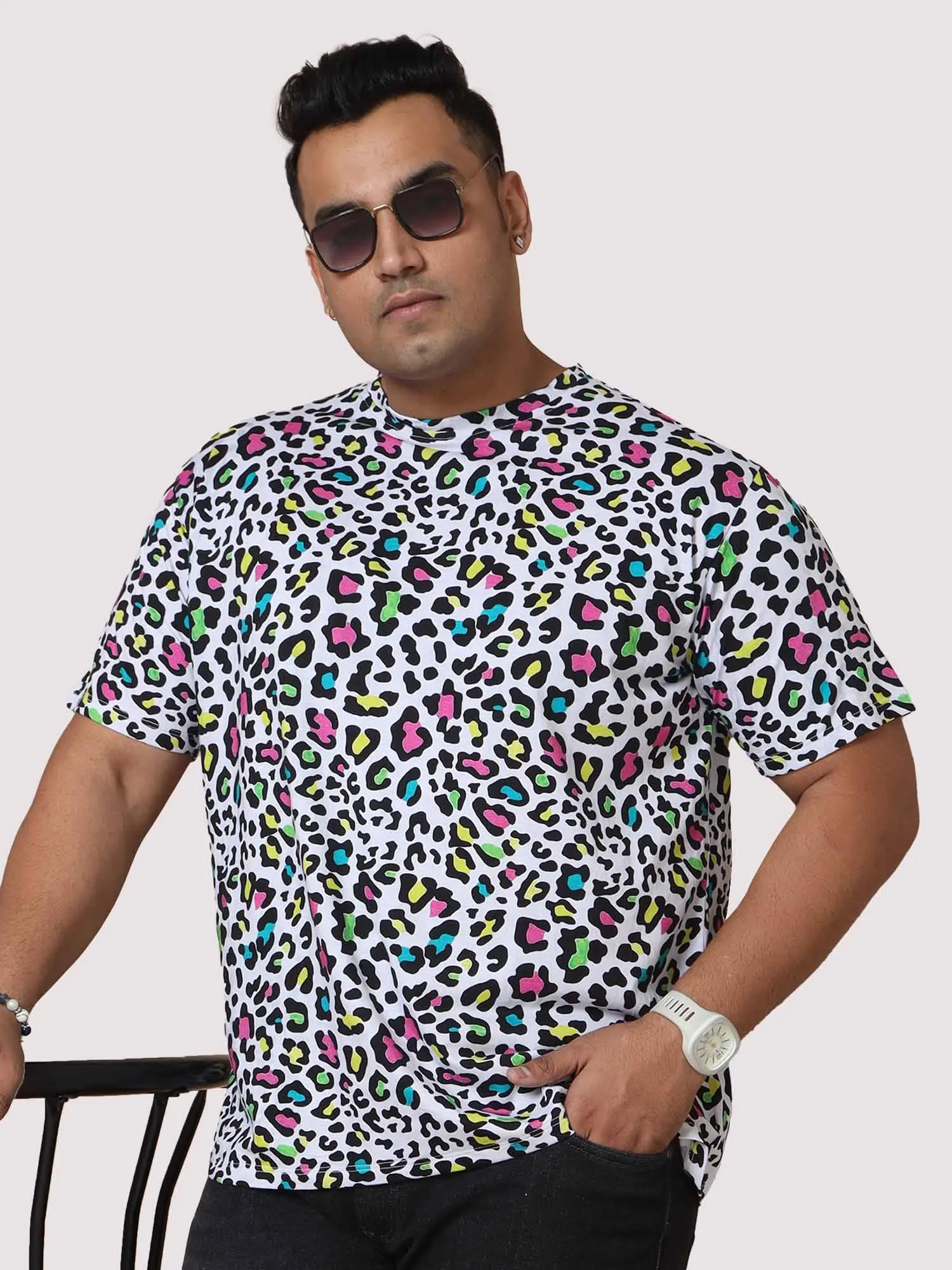 Men Plus Size Leopard Skin Pattern Digital Printed Round Neck T-Shirt