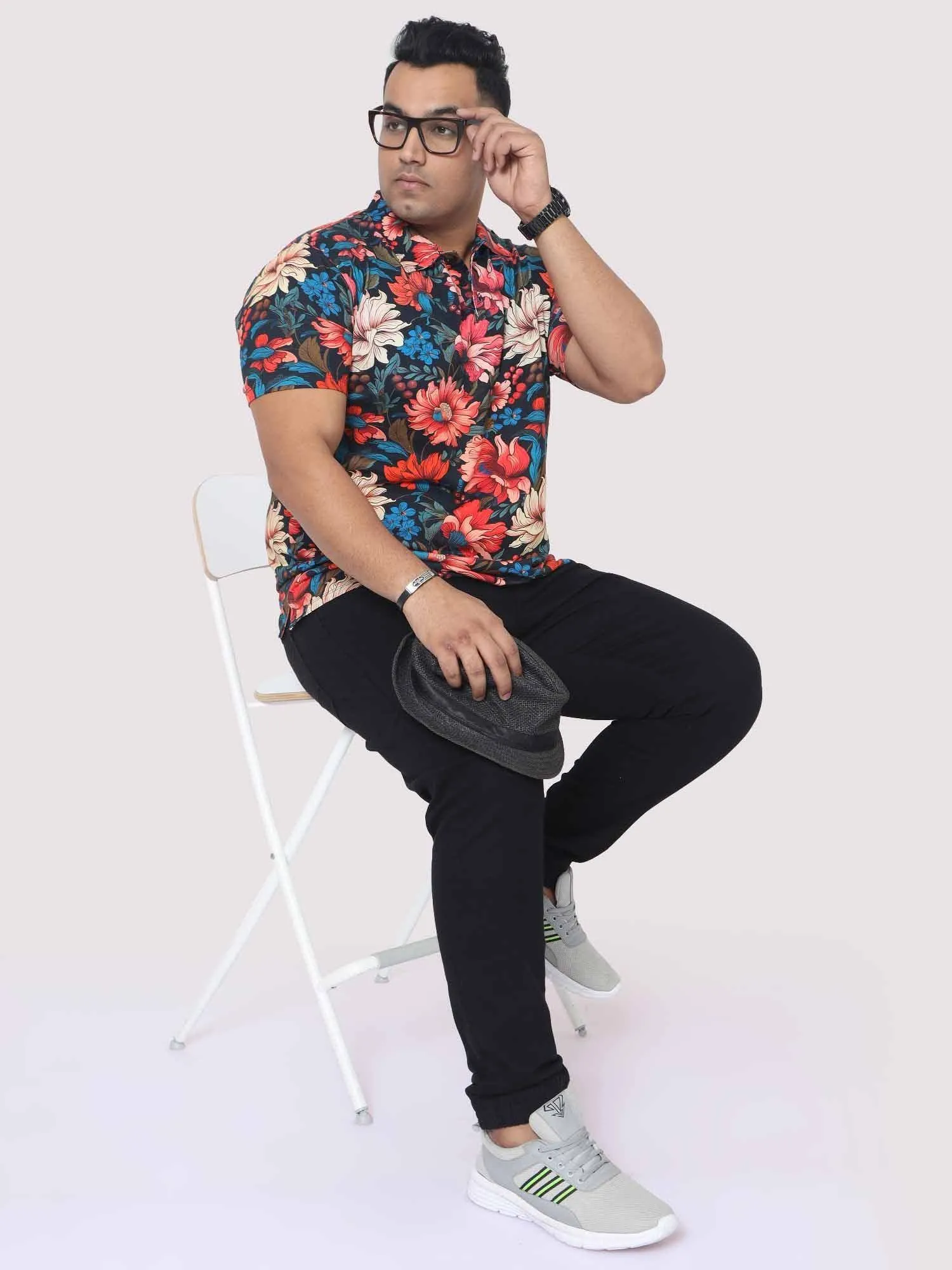 Men Plus Size Red Floral Digital Printed Polo Collar T-shirt