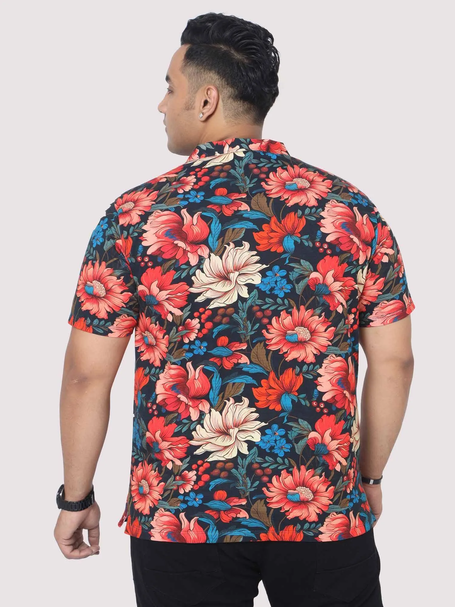 Men Plus Size Red Floral Digital Printed Polo Collar T-shirt