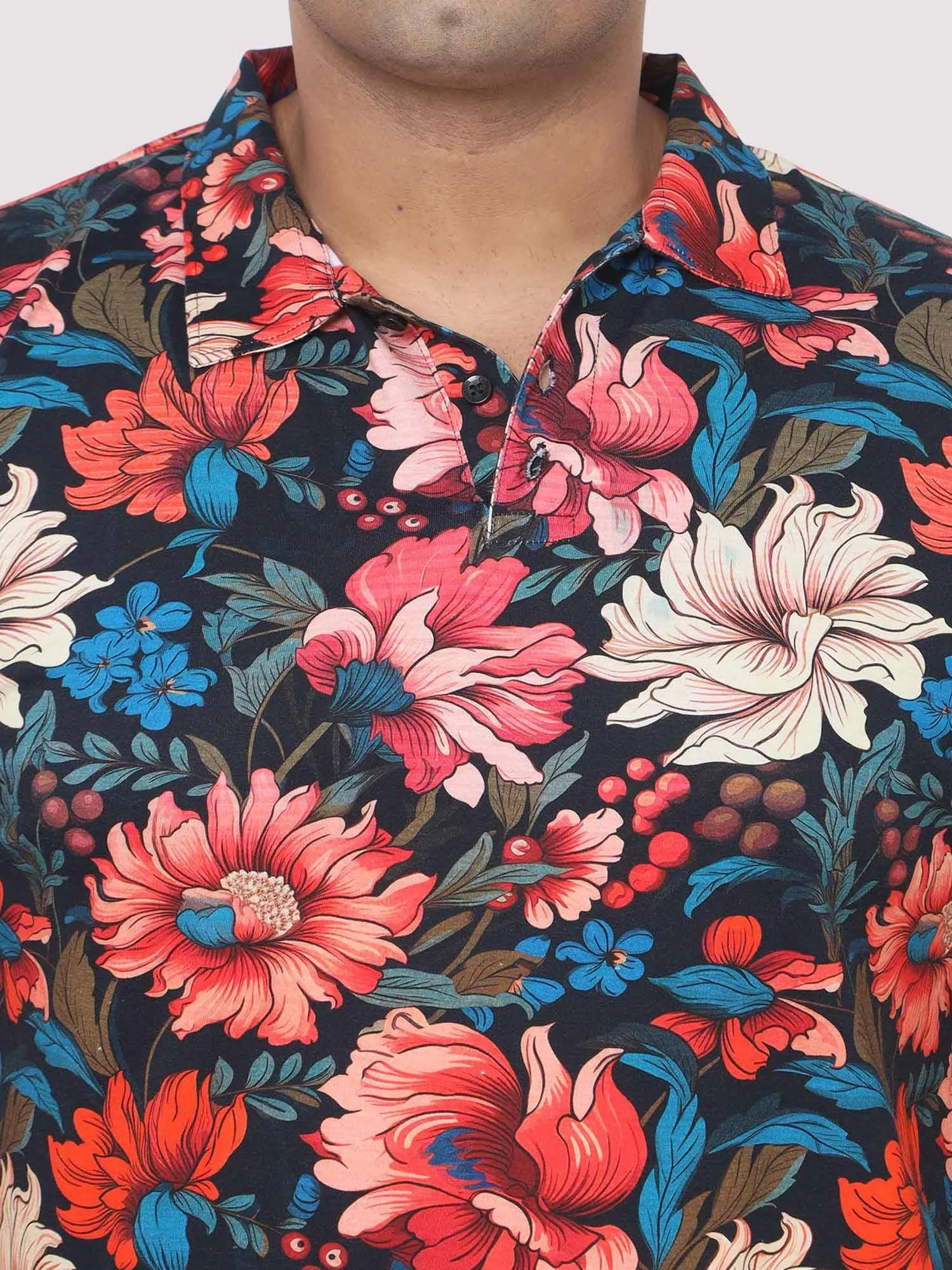 Men Plus Size Red Floral Digital Printed Polo Collar T-shirt