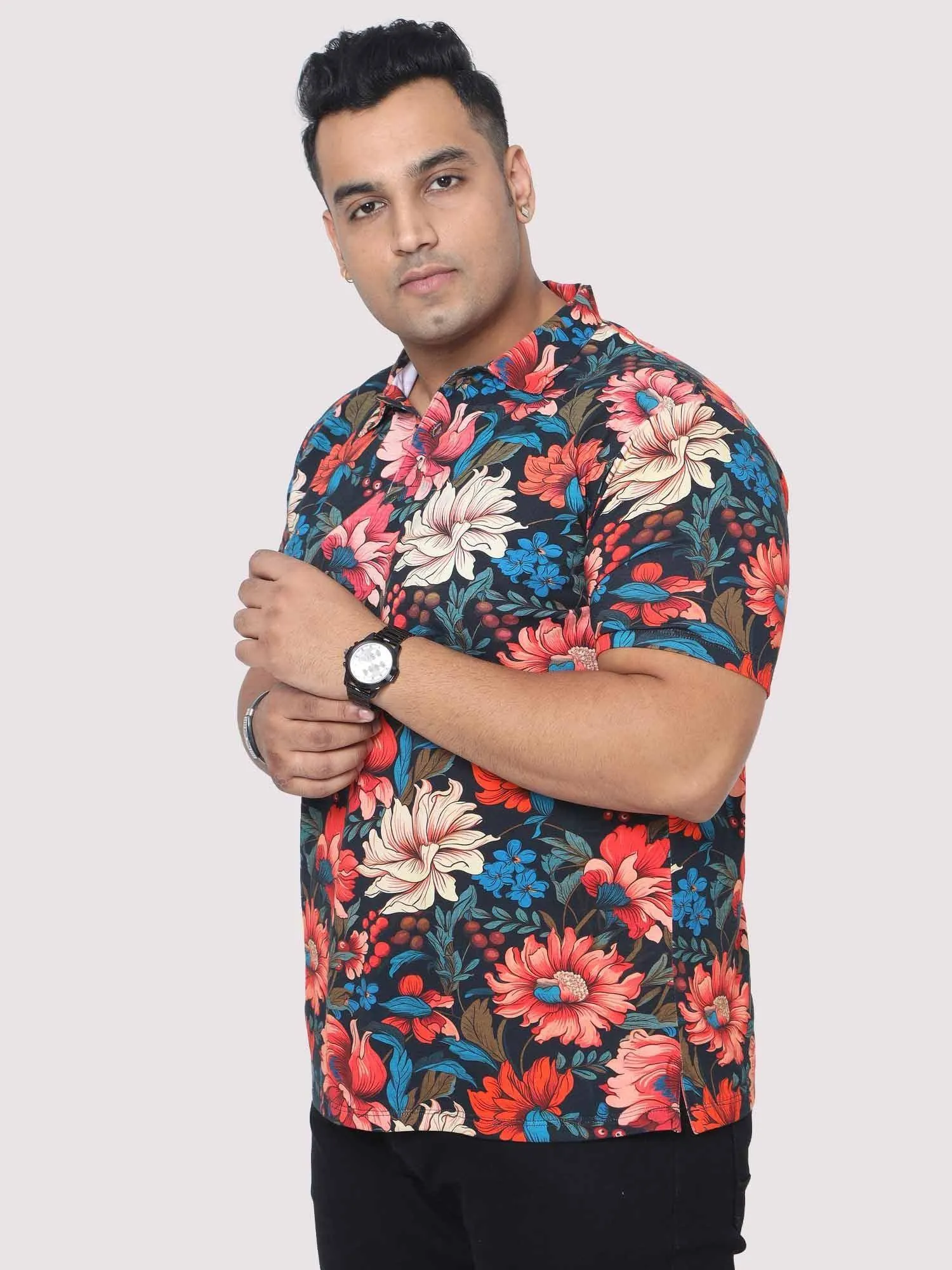 Men Plus Size Red Floral Digital Printed Polo Collar T-shirt