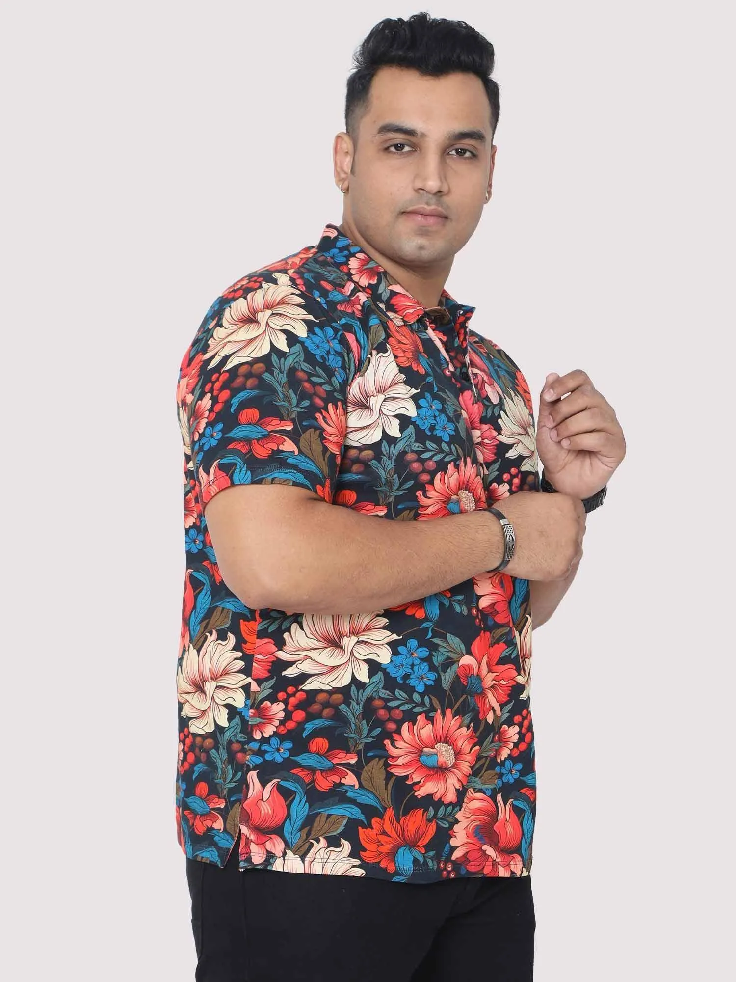 Men Plus Size Red Floral Digital Printed Polo Collar T-shirt