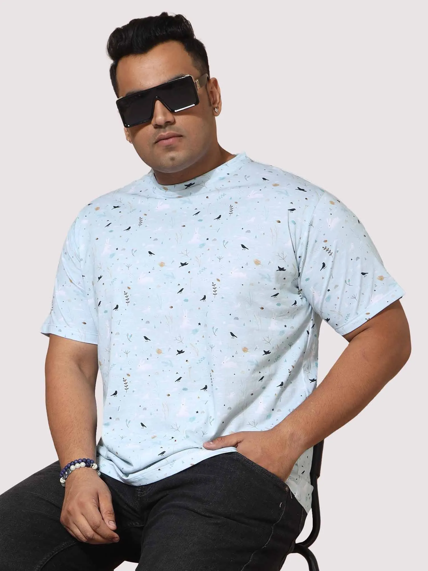 Men Plus Size Seth  Light Blue  Digital Printed Round Neck T-shirt