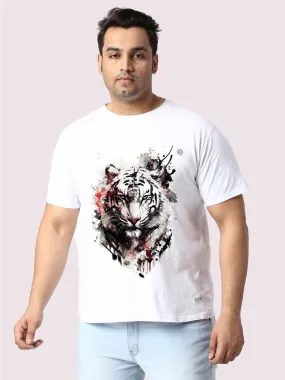 Men Plus Size WhIte Tiger Head Printed Round Neck T-Shirt