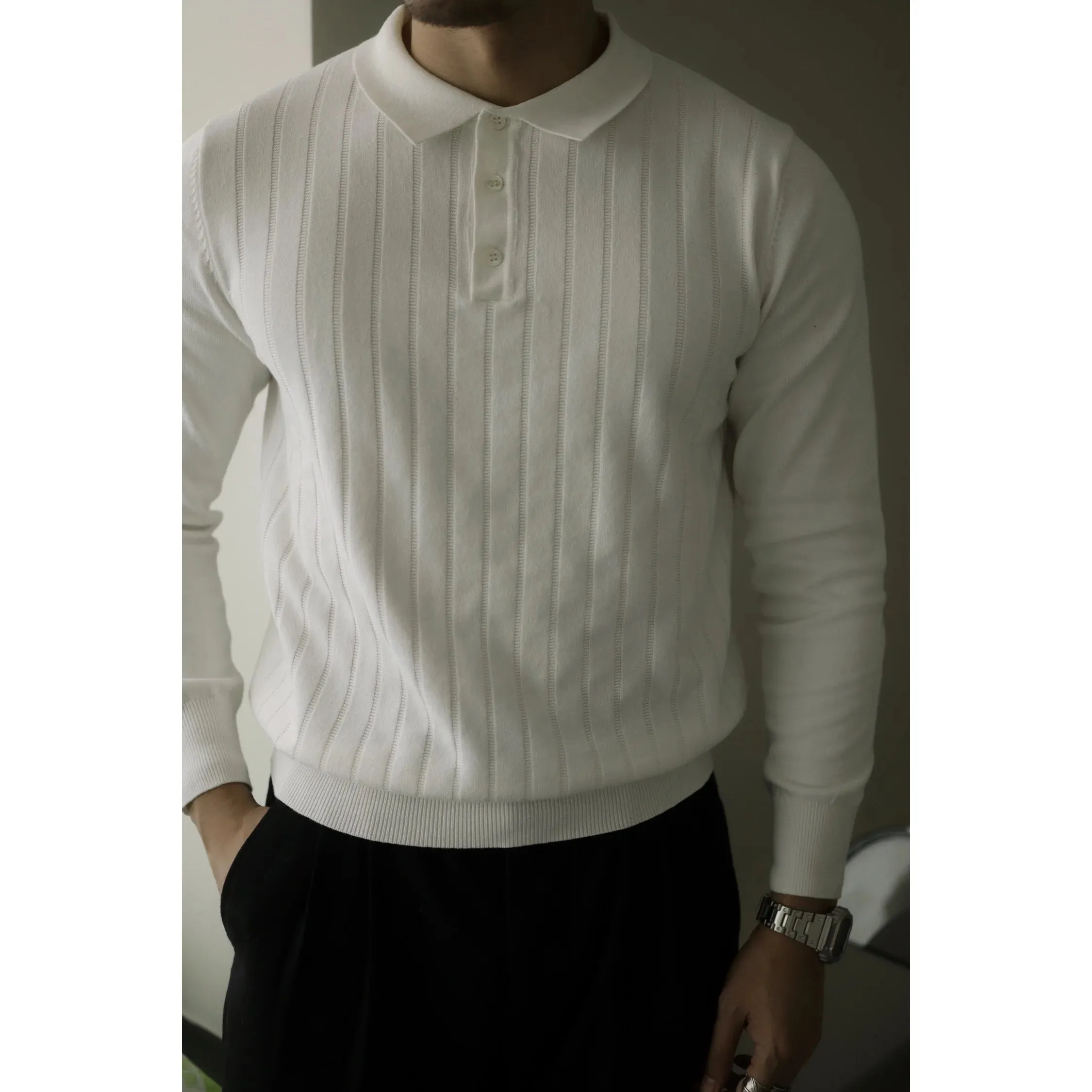 Men's Knitted Polo Shirt with Long Sleeves - Preppy Style