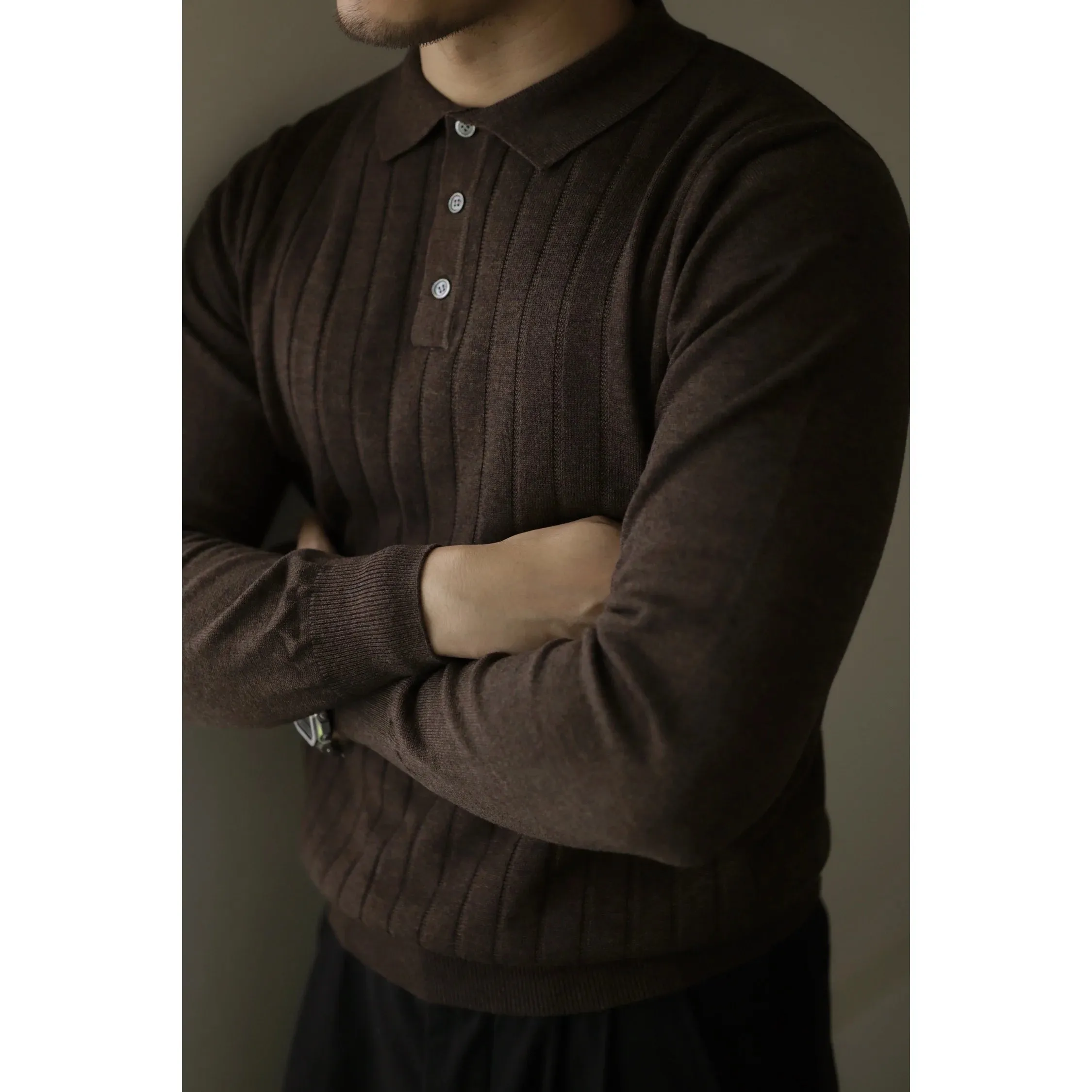 Men's Knitted Polo Shirt with Long Sleeves - Preppy Style