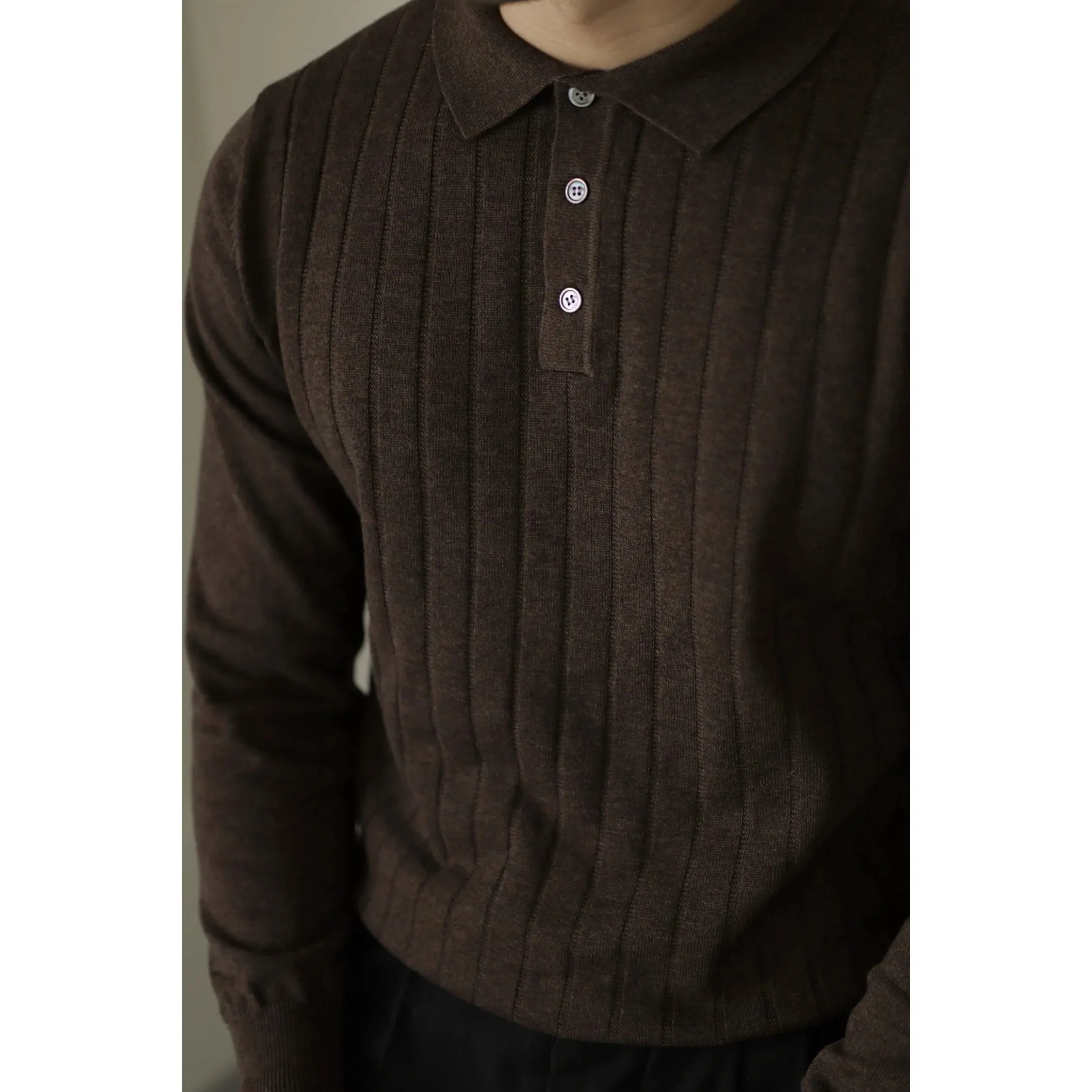 Men's Knitted Polo Shirt with Long Sleeves - Preppy Style