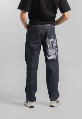 Mens Nyc-Skull-Tatt Embroidered Denim Trousers Jeans - Indigo