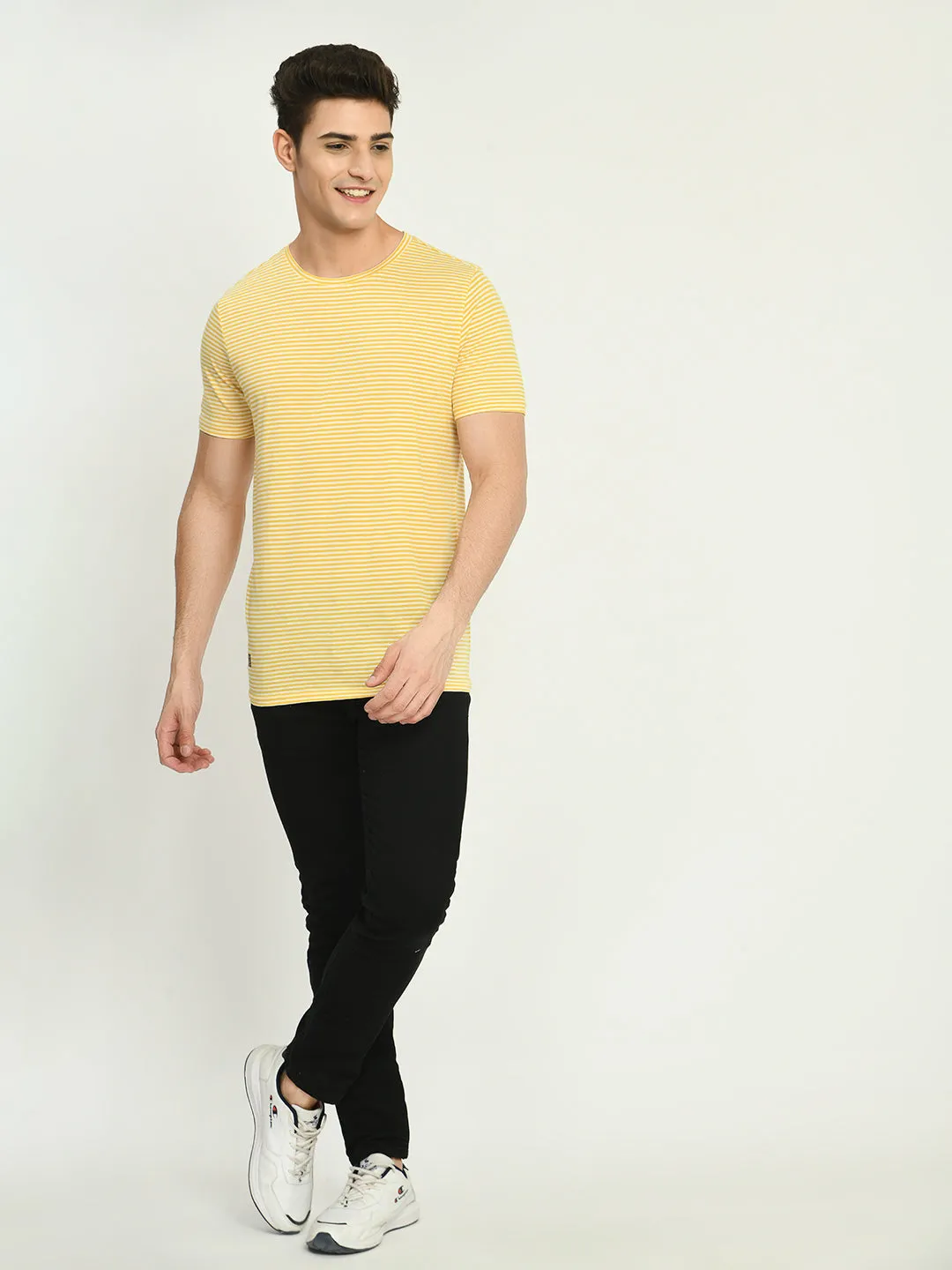 Men's Yellow White Striped Regular Fit T-Shirt