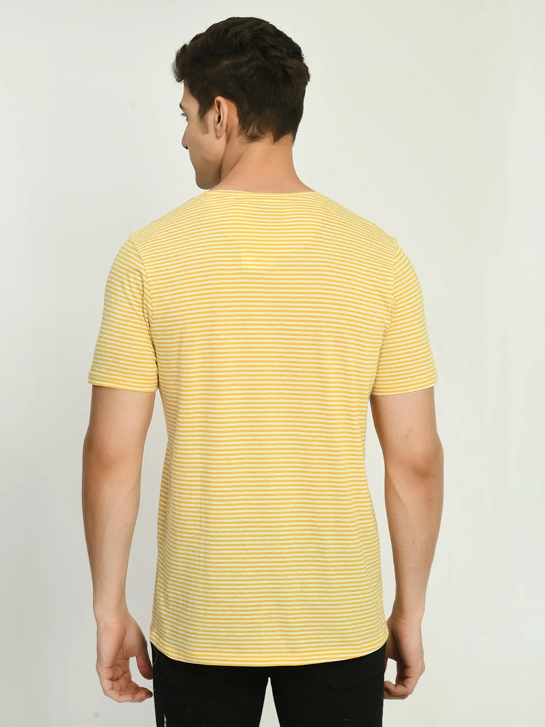 Men's Yellow White Striped Regular Fit T-Shirt