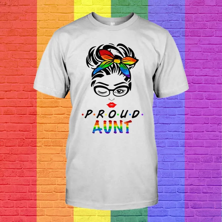 Messy Hair Bun Proud Aunt LGBT Gay Pride Support LGBTQ T Shirt