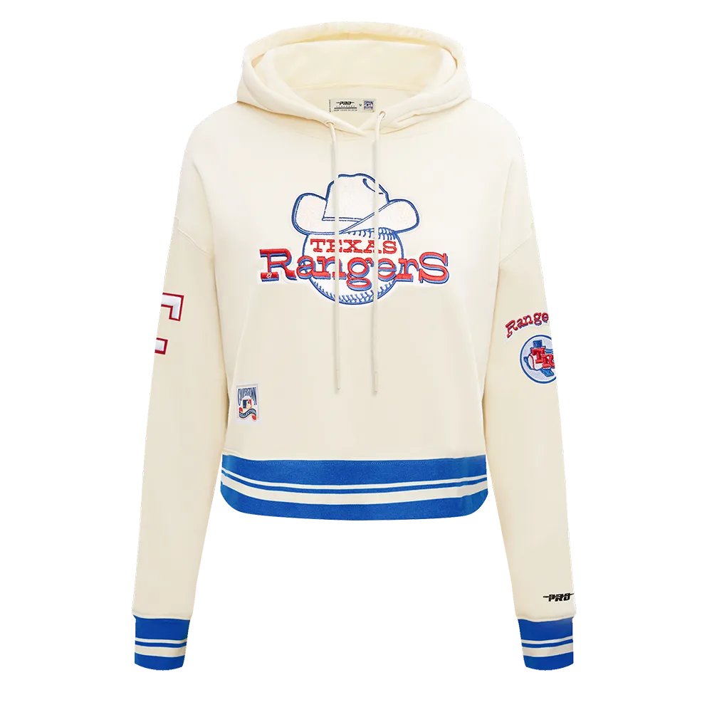 MLB TEXAS RANGERS RETRO CLASSIC WOMEN'S RIB CROPPED PO HOODIE (EGGSHELL/ROYAL BLUE)