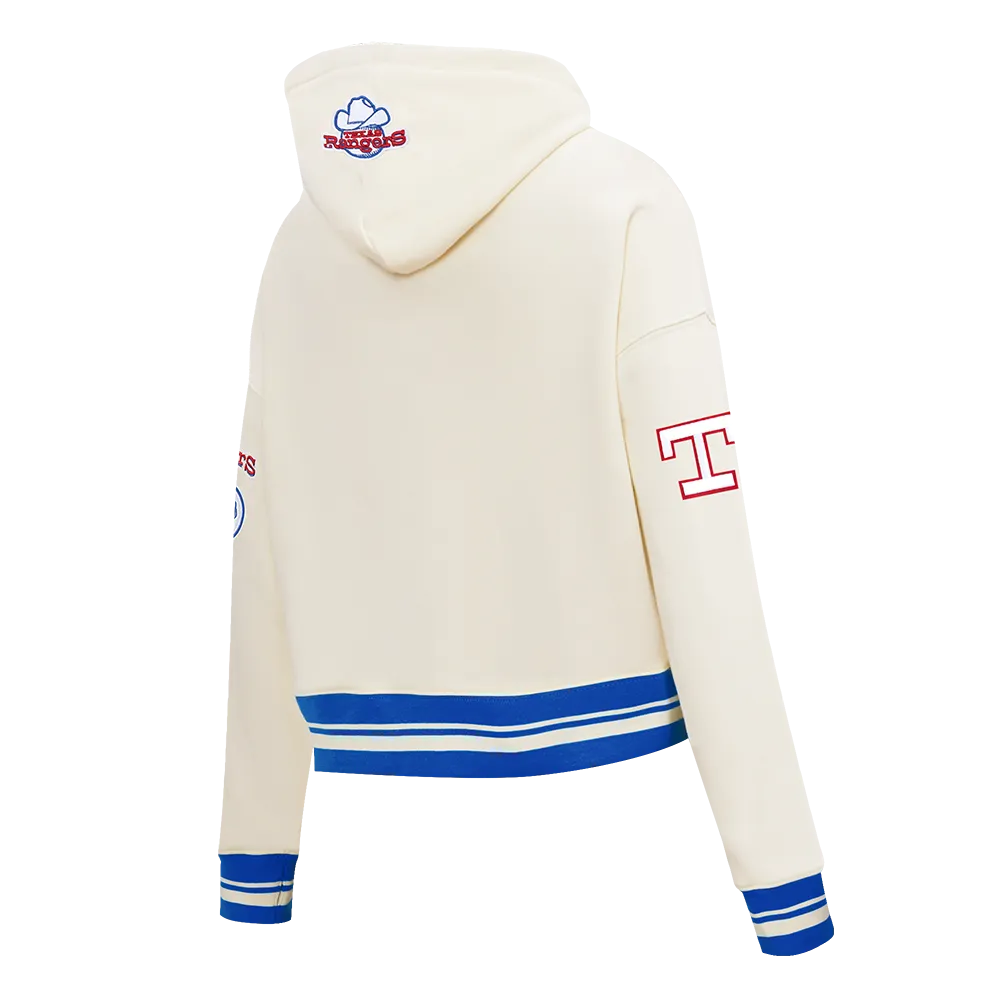 MLB TEXAS RANGERS RETRO CLASSIC WOMEN'S RIB CROPPED PO HOODIE (EGGSHELL/ROYAL BLUE)