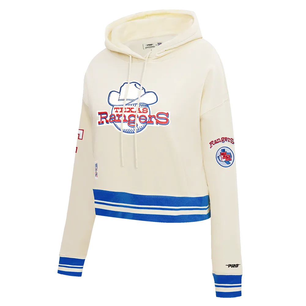 MLB TEXAS RANGERS RETRO CLASSIC WOMEN'S RIB CROPPED PO HOODIE (EGGSHELL/ROYAL BLUE)