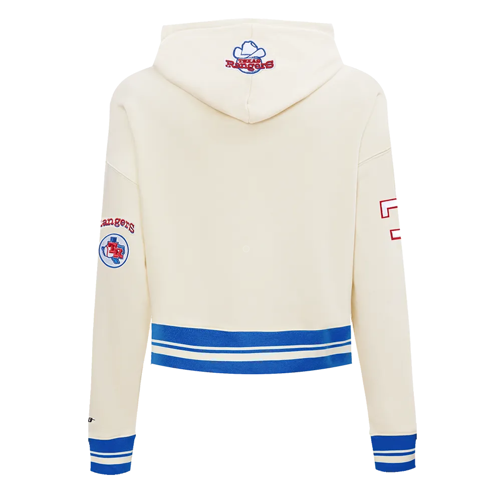 MLB TEXAS RANGERS RETRO CLASSIC WOMEN'S RIB CROPPED PO HOODIE (EGGSHELL/ROYAL BLUE)