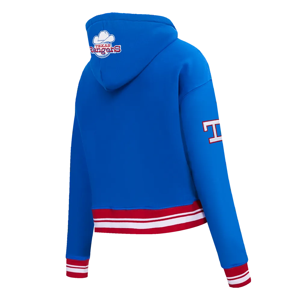 MLB TEXAS RANGERS RETRO CLASSIC WOMEN'S RIB CROPPED PO HOODIE (ROYAL BLUE/RED)