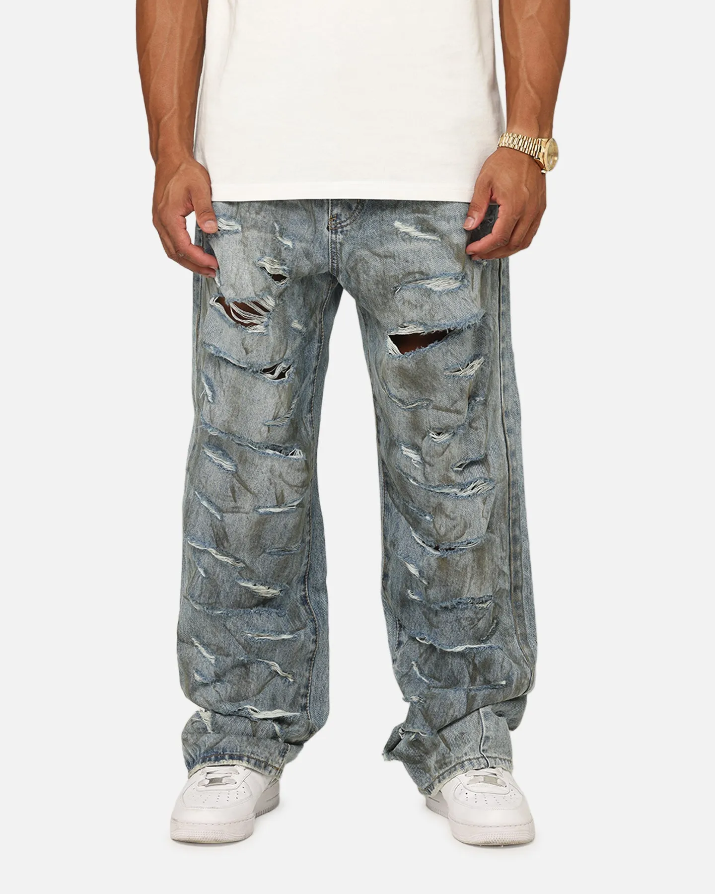 MNML Ultra Baggy Thrashed Denim Jeans Blue