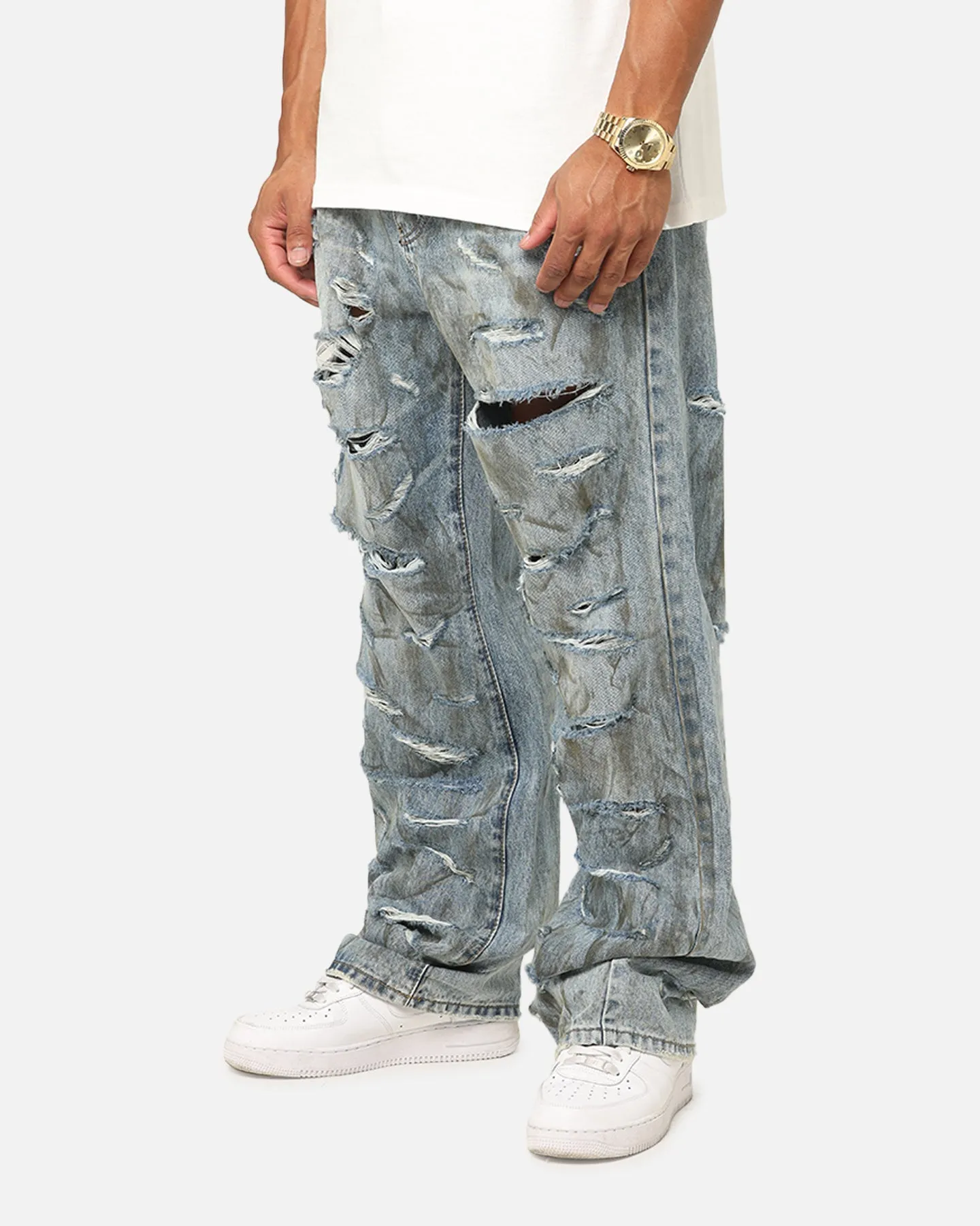 MNML Ultra Baggy Thrashed Denim Jeans Blue