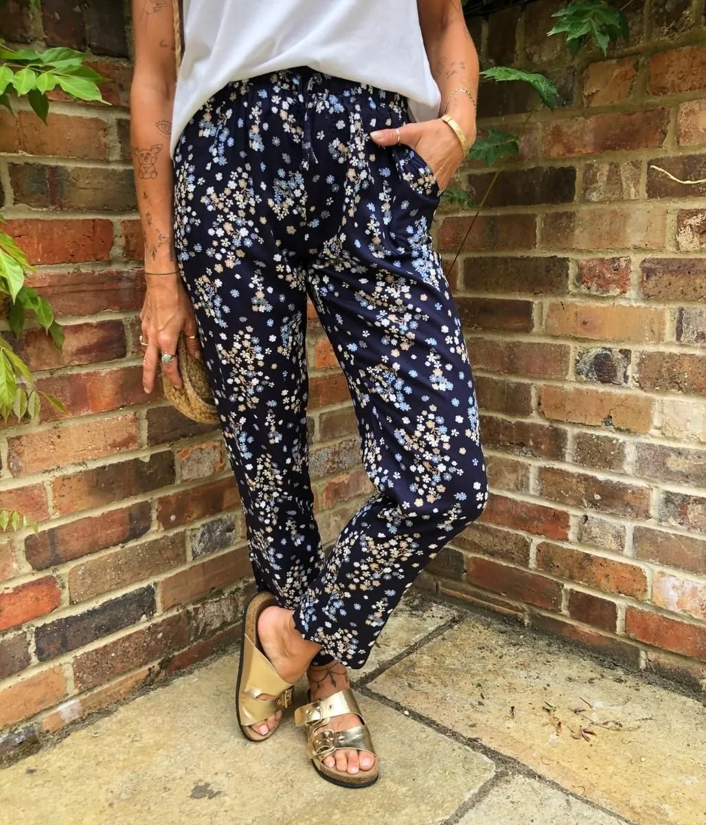 Navy Flower Print Linen Blend Trousers