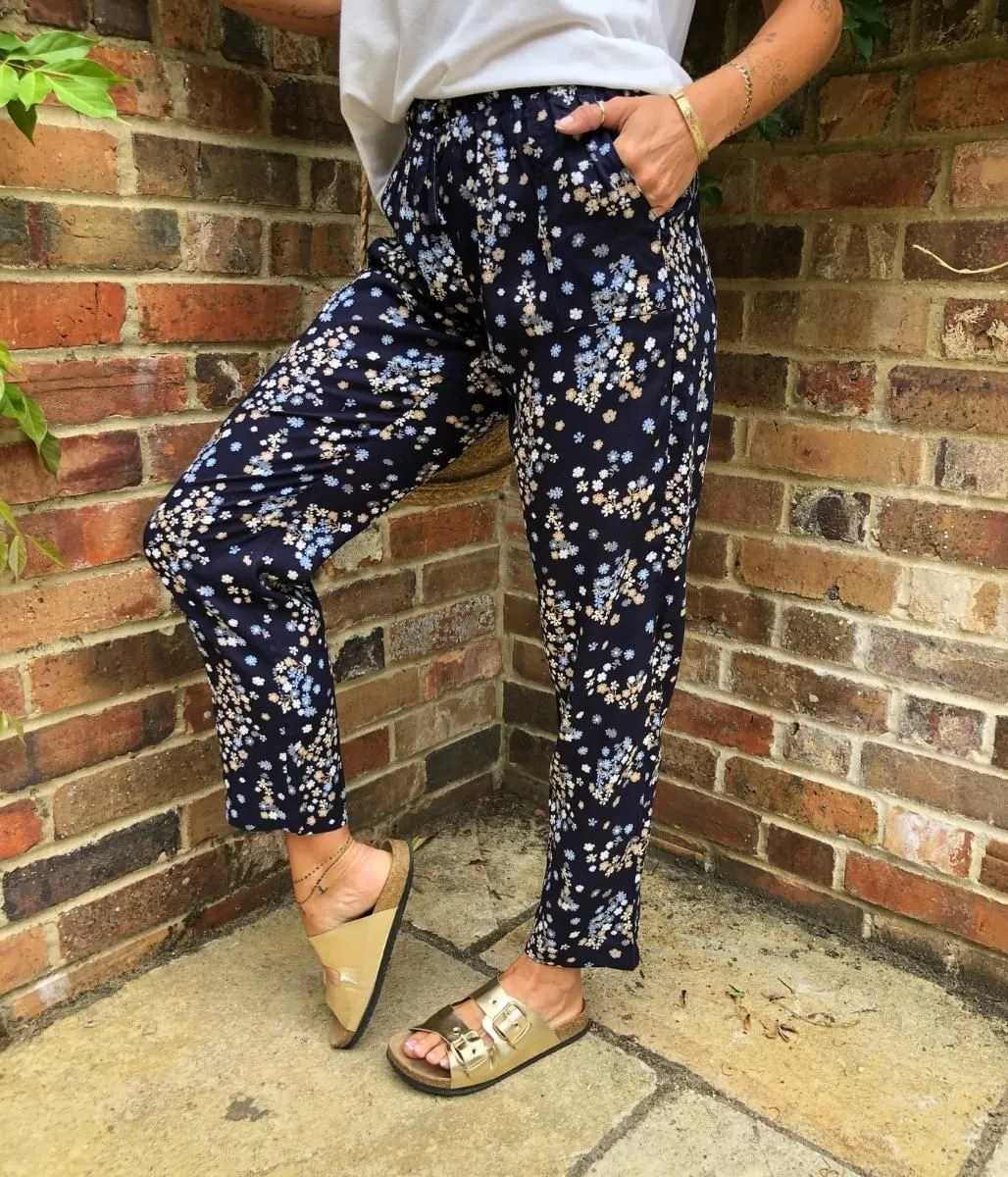 Navy Flower Print Linen Blend Trousers