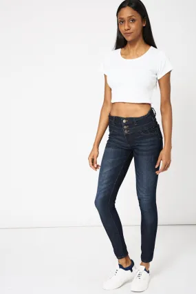 Navy High Waist Three Button Jeans Available In Plus Sizes