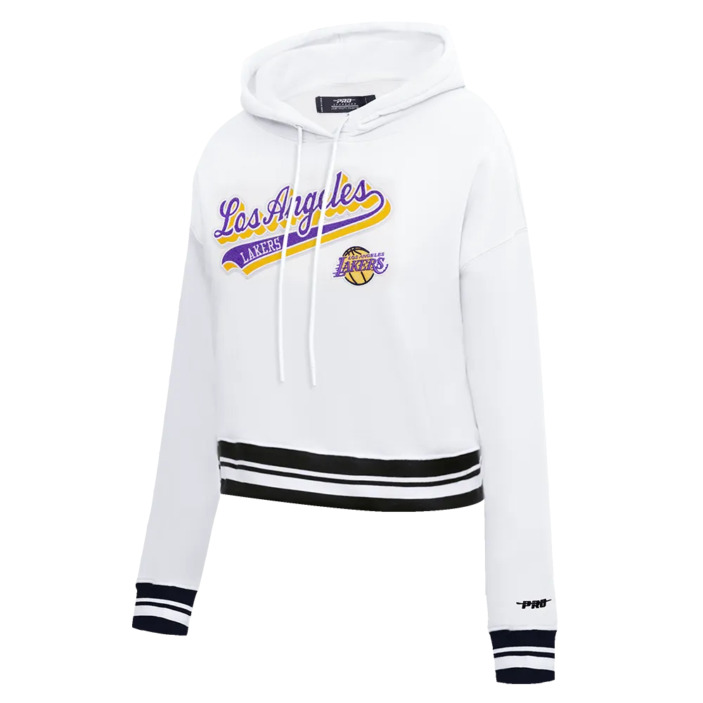 NBA LOS ANGELES LAKERS SCRIPT TAIL WOMEN'S RIB FLC CROPPED PO HOODIE (WHITE/BLACK)