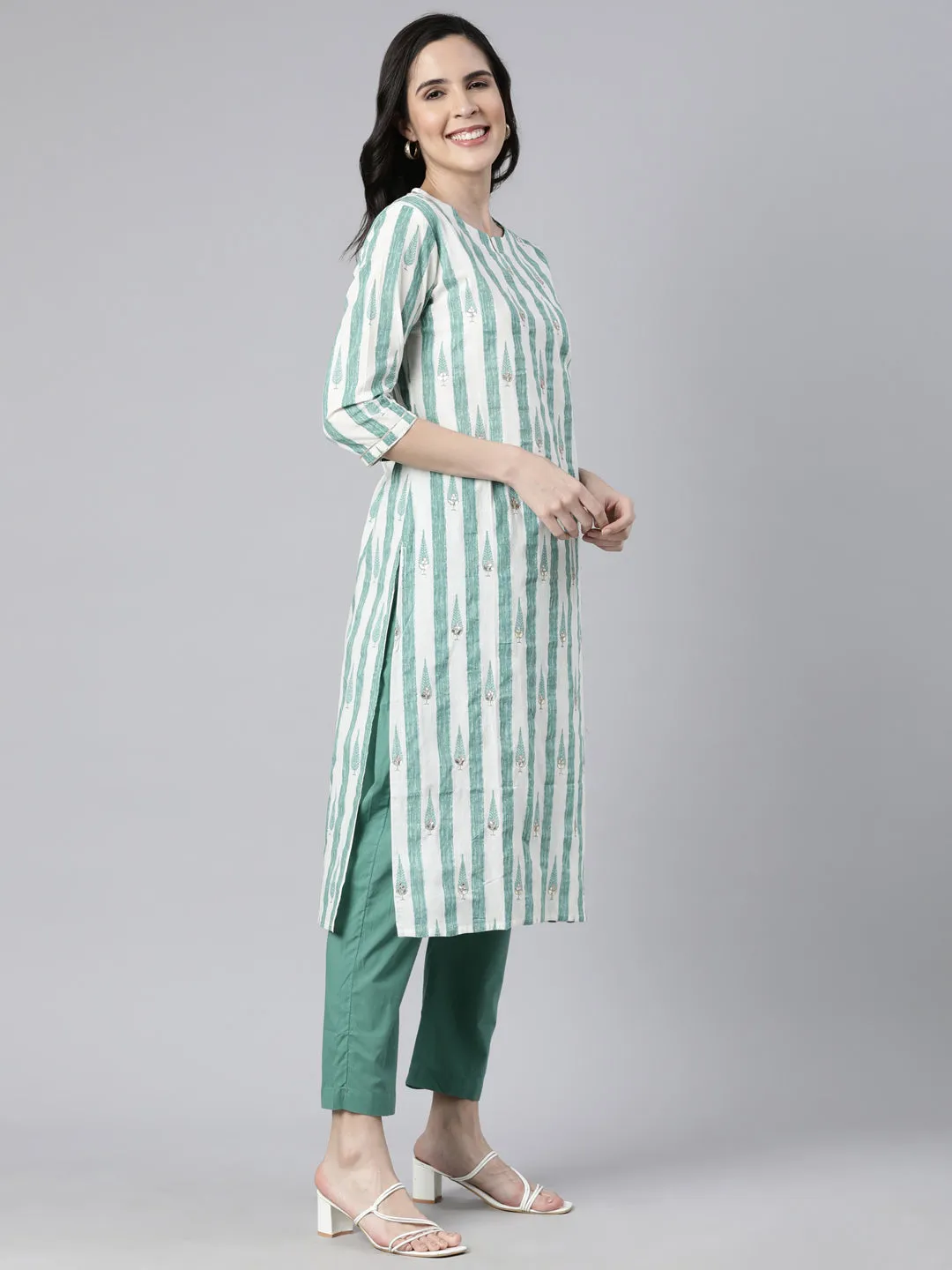 Neerus Green Regular Straight Striped Kurta And  Trousers With Dupatta