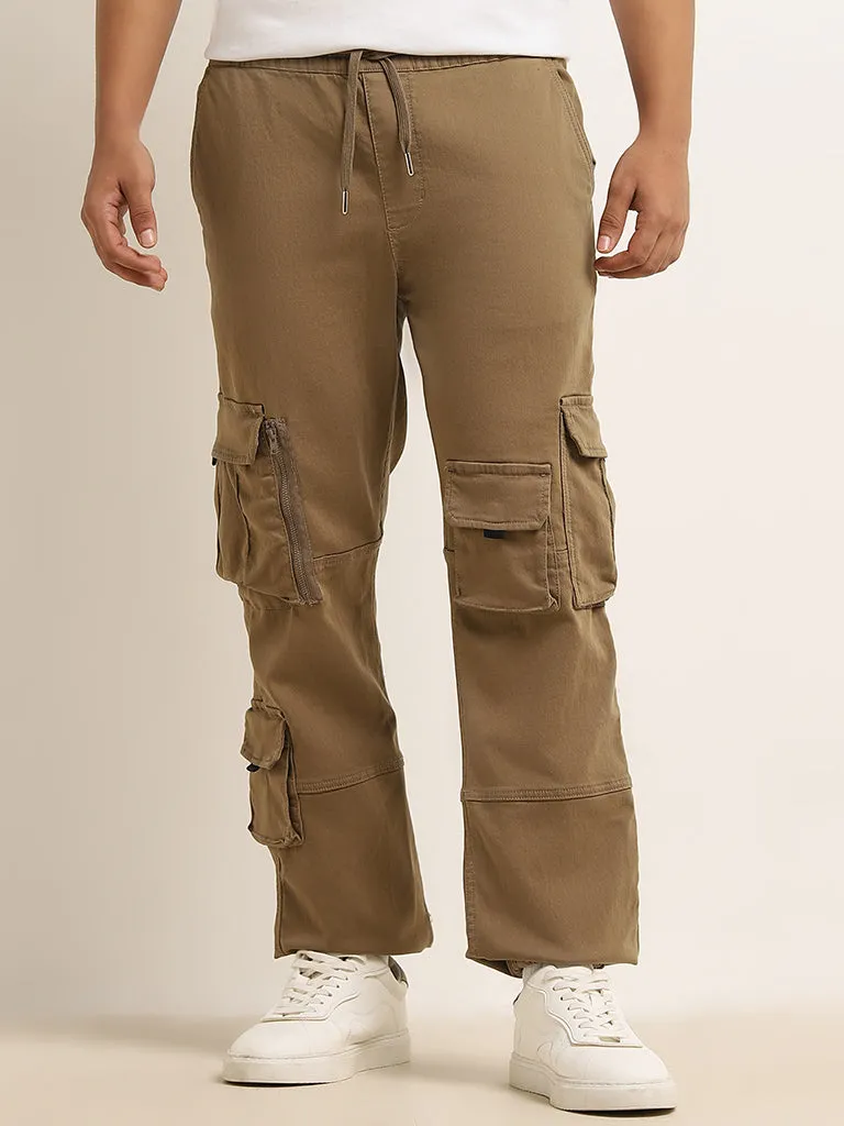 Nuon Taupe Relaxed-Fit Mid-Rise Cotton-Blend Cargo Chinos