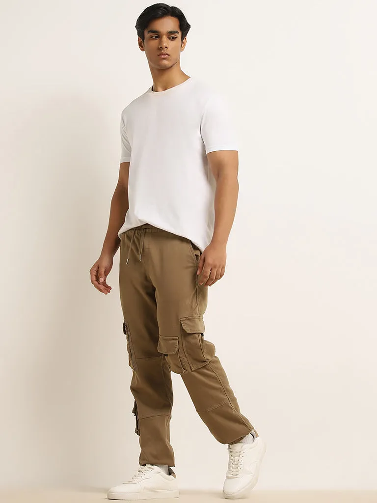 Nuon Taupe Relaxed-Fit Mid-Rise Cotton-Blend Cargo Chinos