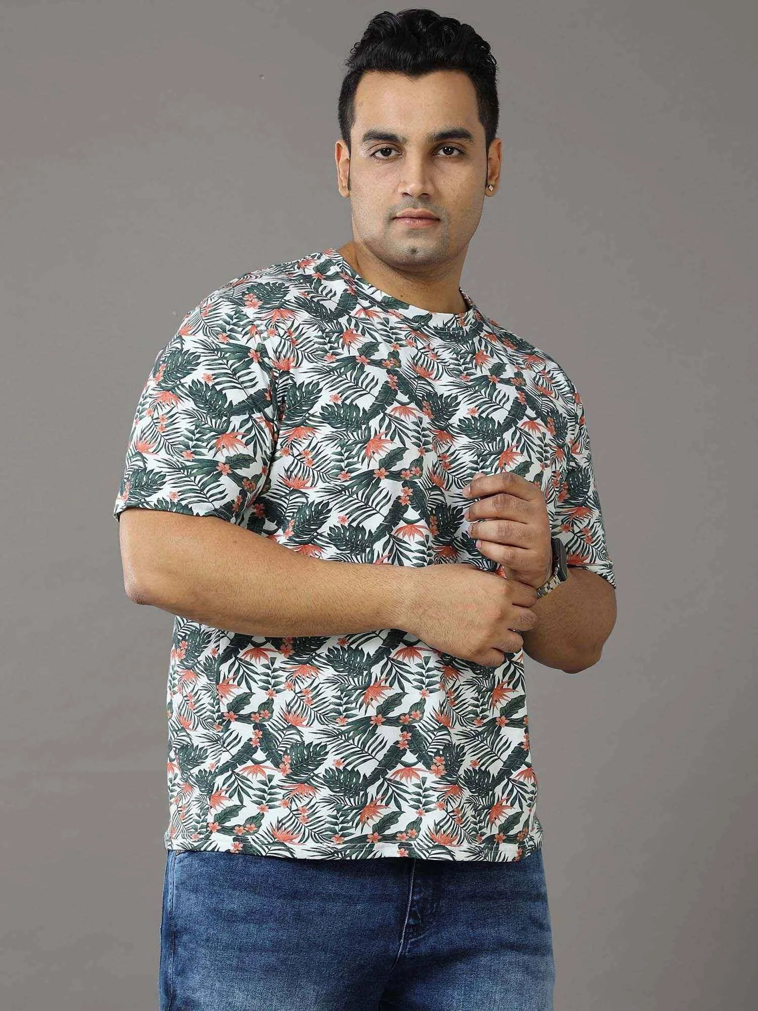 OAK Leaf Green Digital Printed Round Neck T-Shirt Men's Plus Size