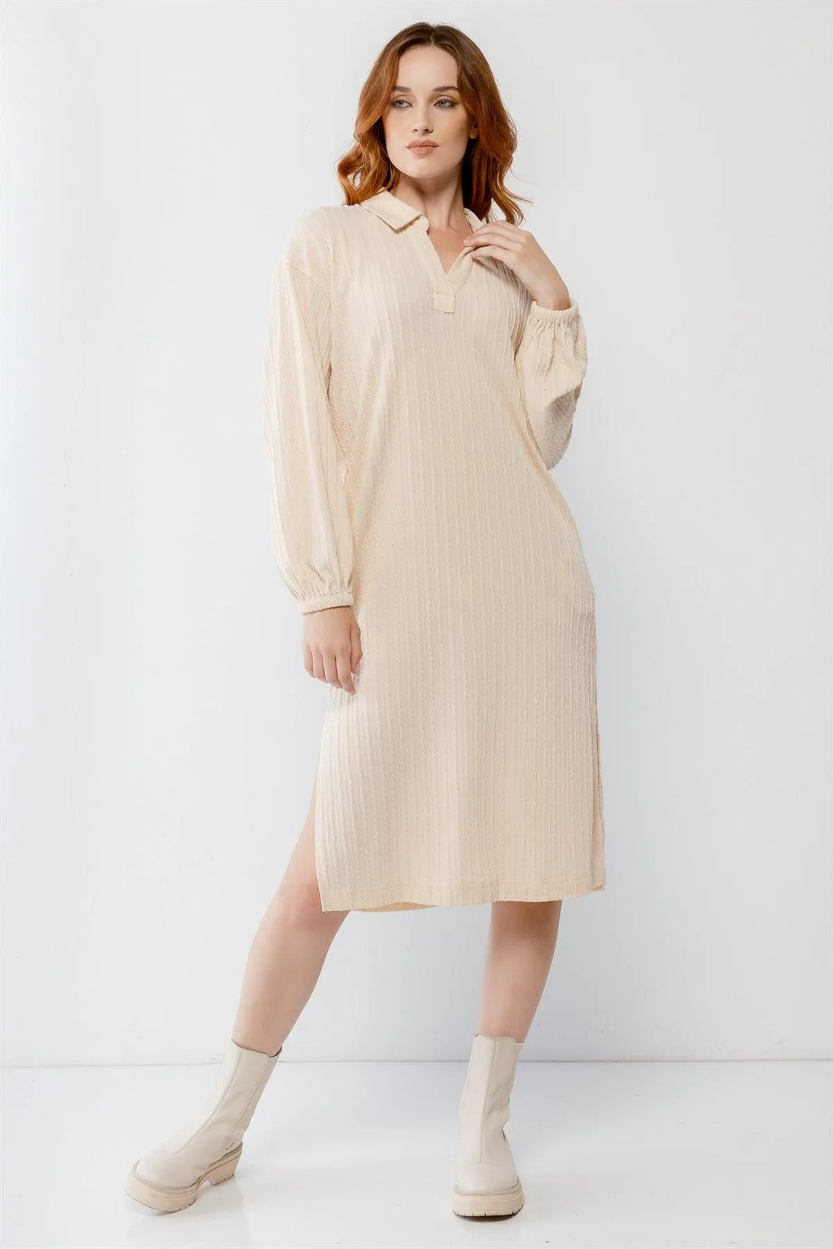 Oatmeal Cable Knit Collared V-Neck Relax Fit Midi Dress /2-2-2