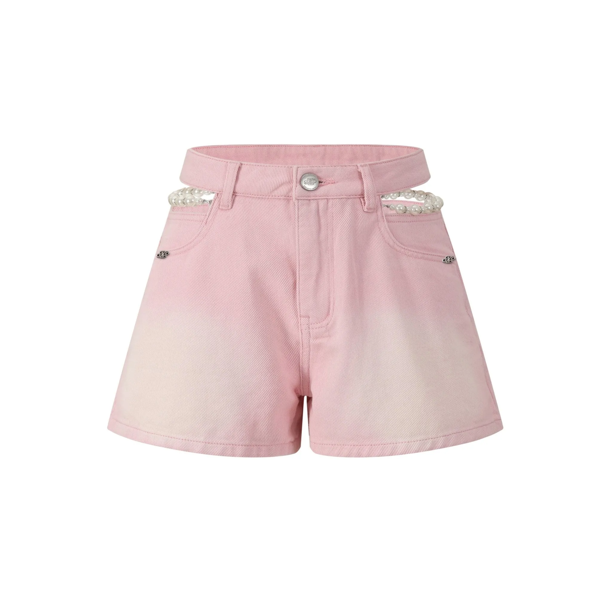 Pink Cutout Pearl Chain Denim Shorts