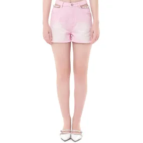 Pink Cutout Pearl Chain Denim Shorts